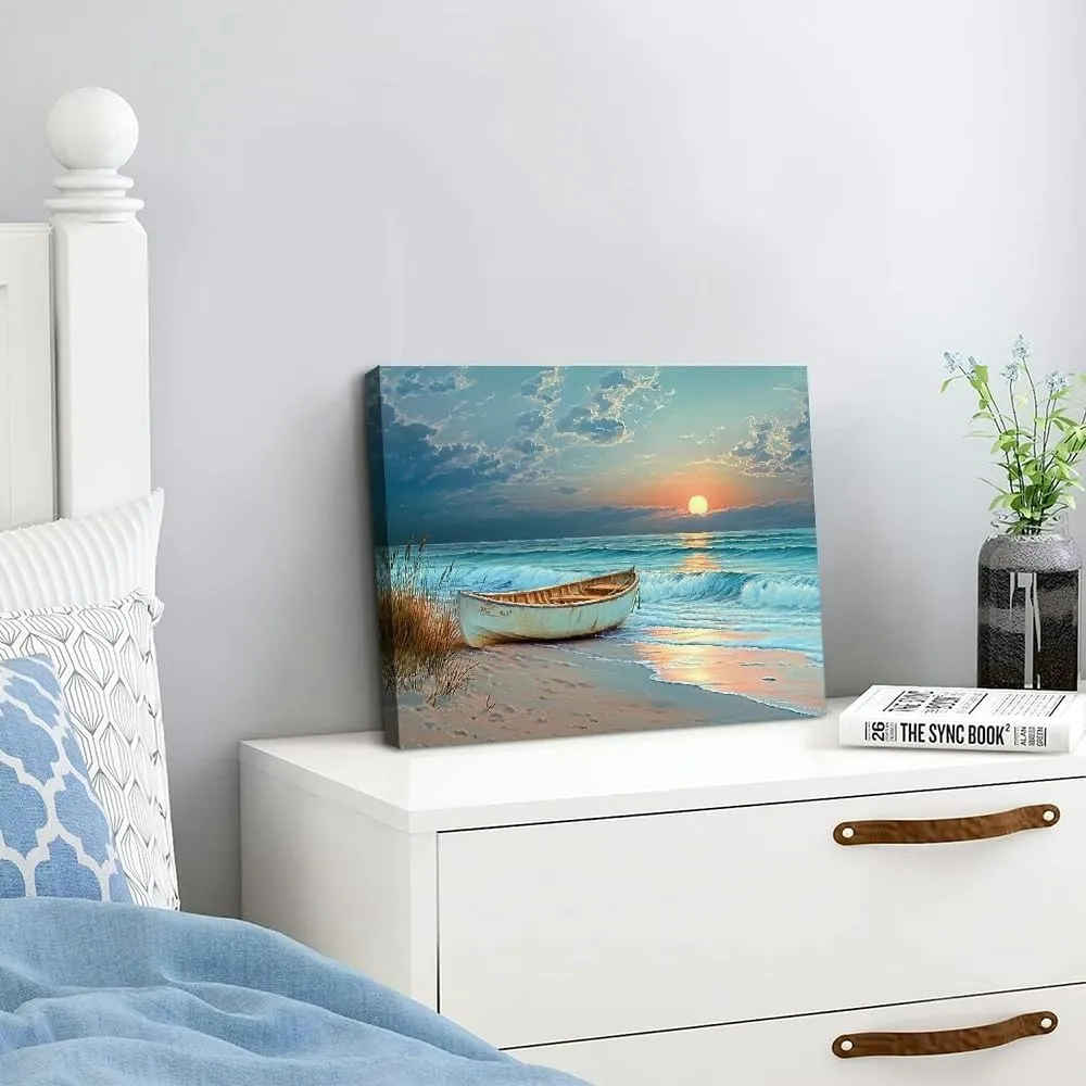 GooTPa Ocean Canvas Wall Art - Large Beautiful Beach Night View Wall Painting, Blue Coast Painting, Bedroom Picture Can Be Hung In Office, Dining Room, Kitchen, Bathroom, Home Decoration 20x16in