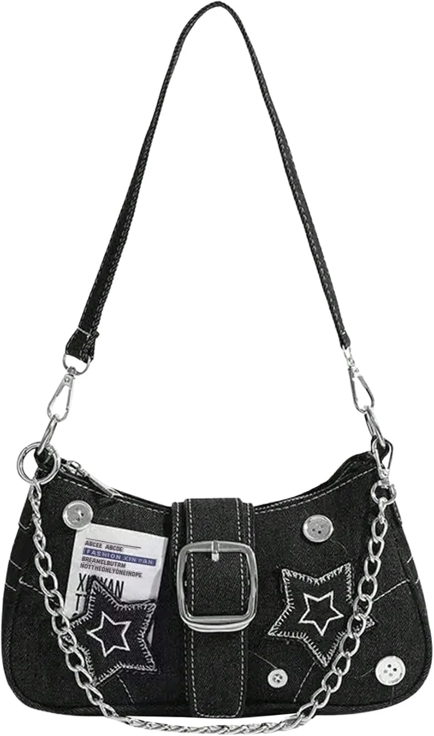 GORGLITTER Women's Buckle Shoulder Bag Y2K Chain PU Leather Clutch Shoulder Handbags