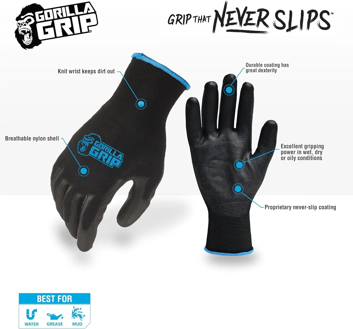 Gorilla Grip Gloves, Max Grip, All Purpose Work Gloves, Slip Resistant, Nylon Shell, Medium, 15 Pairs, Black