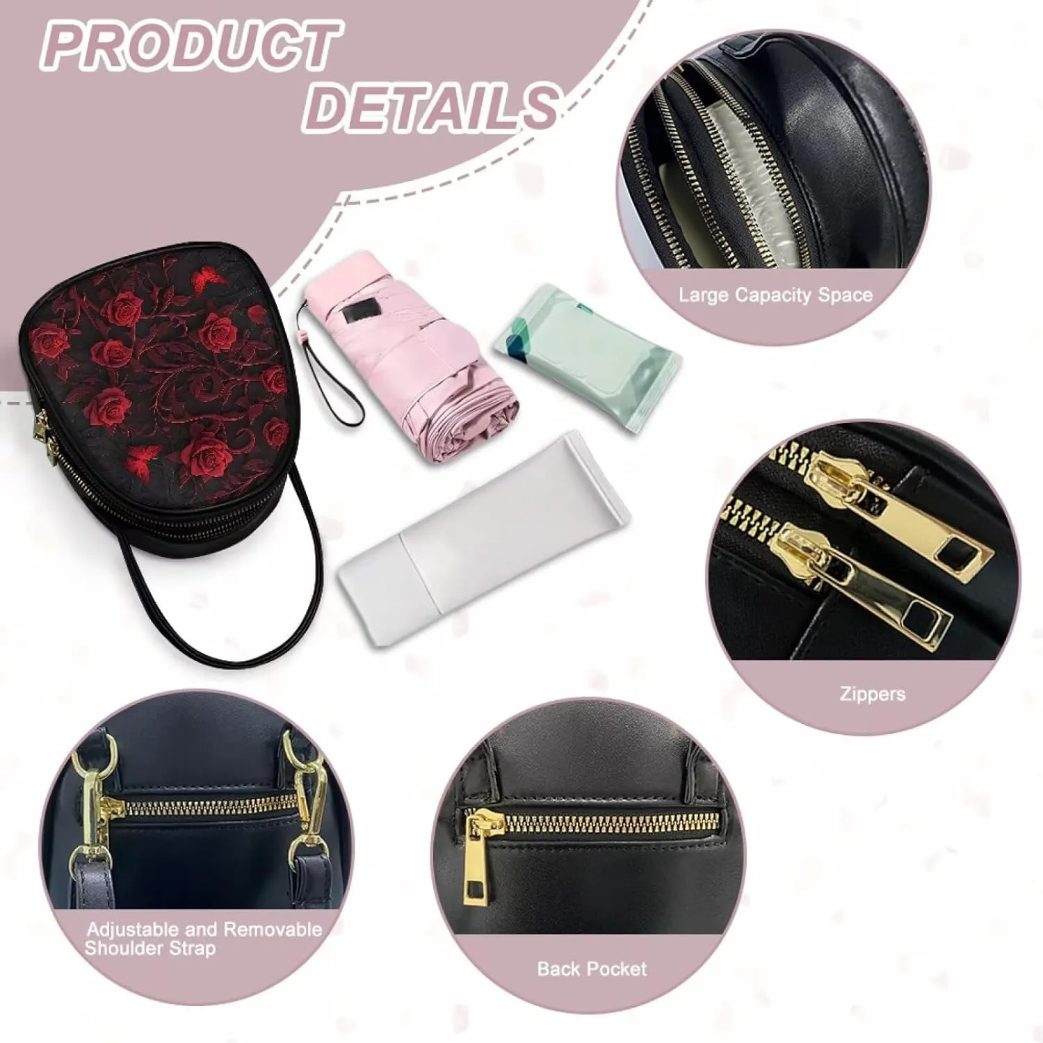 Gothic Small Crossbody Bags for Women, Mini PU Leather Cell Phone Purse Zip Shoulder Handbags Adjustable Straps