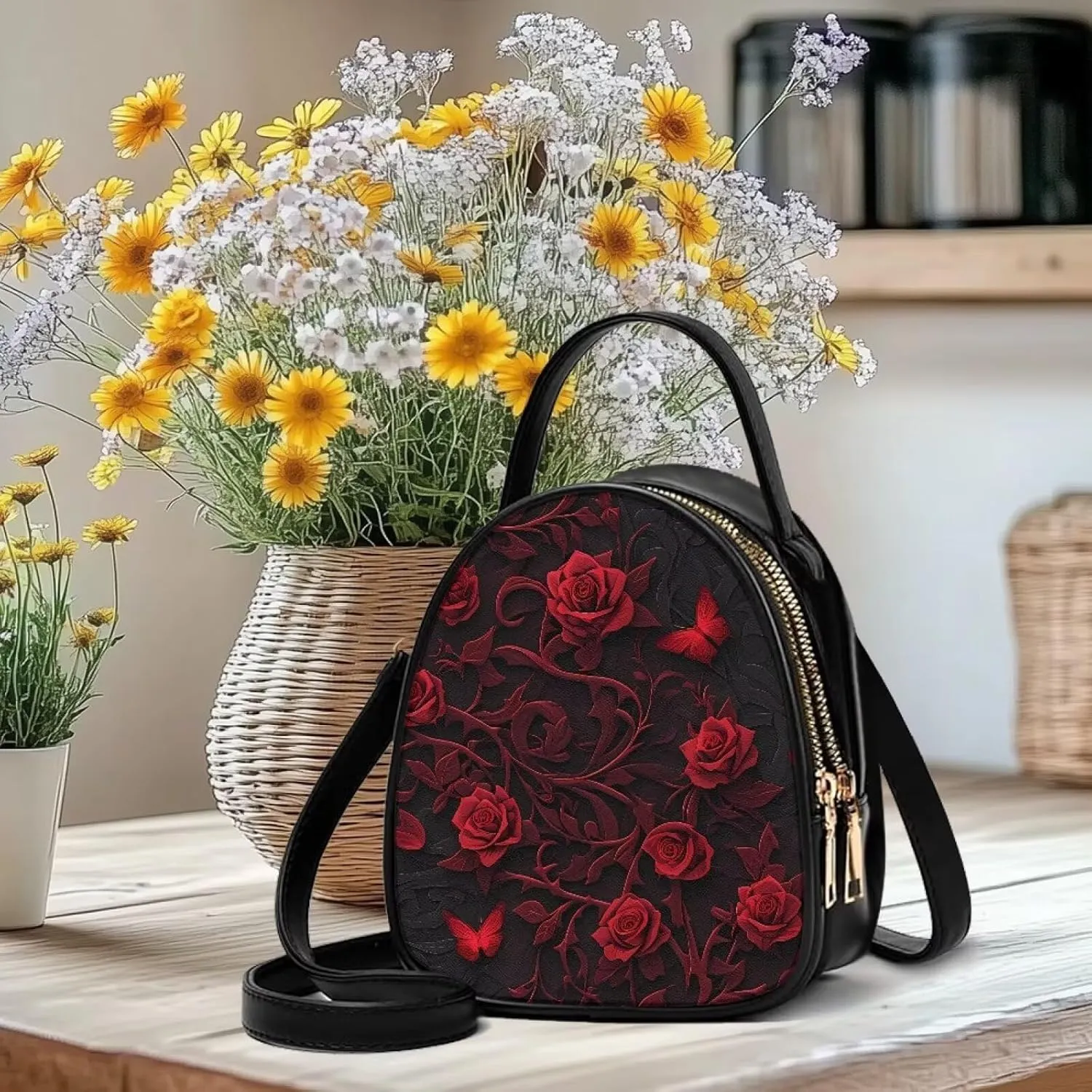 Gothic Small Crossbody Bags for Women, Mini PU Leather Cell Phone Purse Zip Shoulder Handbags Adjustable Straps
