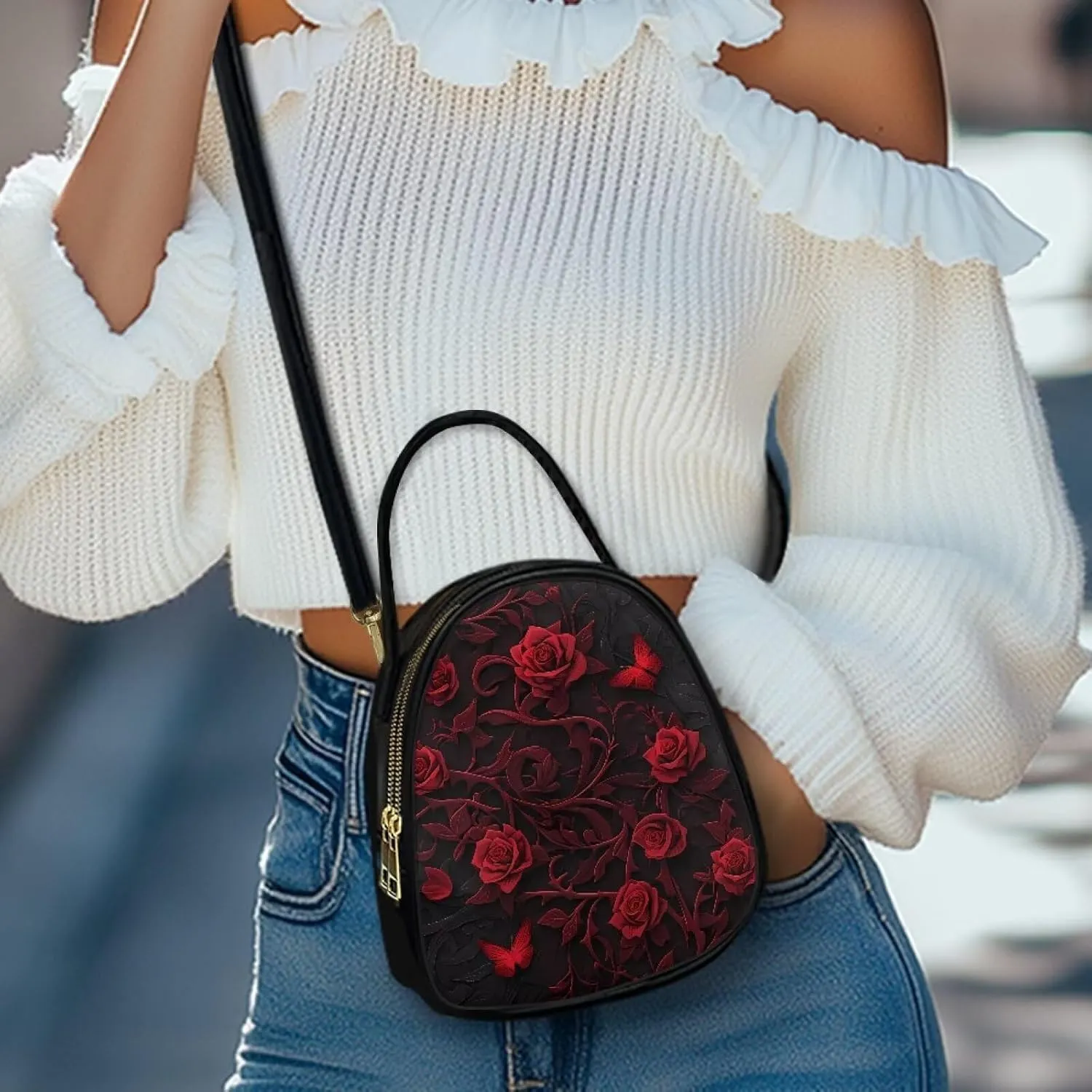 Gothic Small Crossbody Bags for Women, Mini PU Leather Cell Phone Purse Zip Shoulder Handbags Adjustable Straps