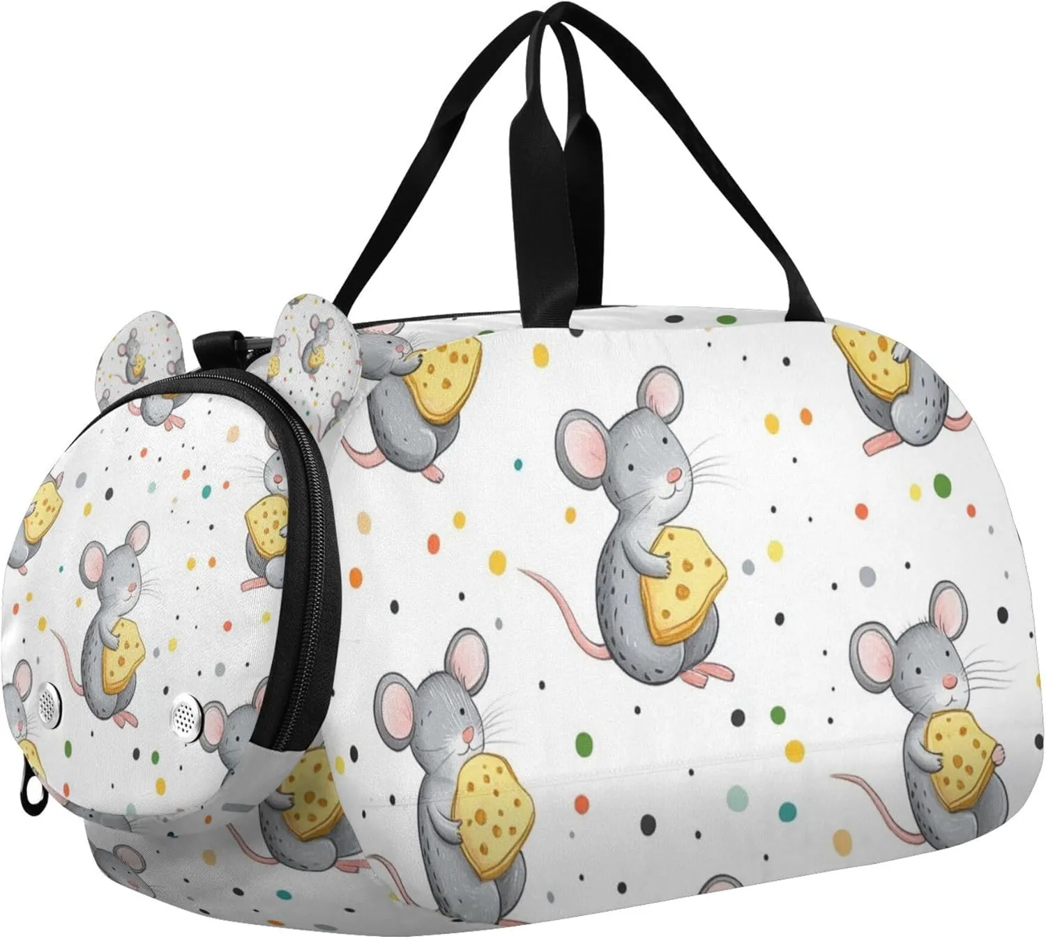 Gray Mouse Holding Yellow Cheese Sports Duffle Bag for Teens Girls Boys, Gym Bag with Shoe Compartment, Kids Travel Overnight Weekender Shoulder Bag
