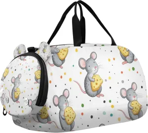 Gray Mouse Holding Yellow Cheese Sports Duffle Bag for Teens Girls Boys, Gym Bag with Shoe Compartment, Kids Travel Overnight Weekender Shoulder Bag