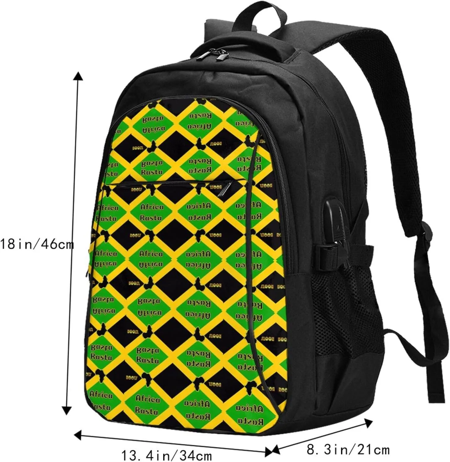 Great Jamaica National Day Africa Rasta Roots Casual Travel Backpacks Hiking Camping Backpack Large Outdoor Sport Daypack Laptop Rucksack Climbing Working Bags with USB Port