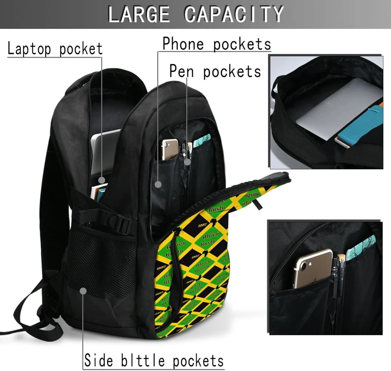 Great Jamaica National Day Africa Rasta Roots Casual Travel Backpacks Hiking Camping Backpack Large Outdoor Sport Daypack Laptop Rucksack Climbing Working Bags with USB Port