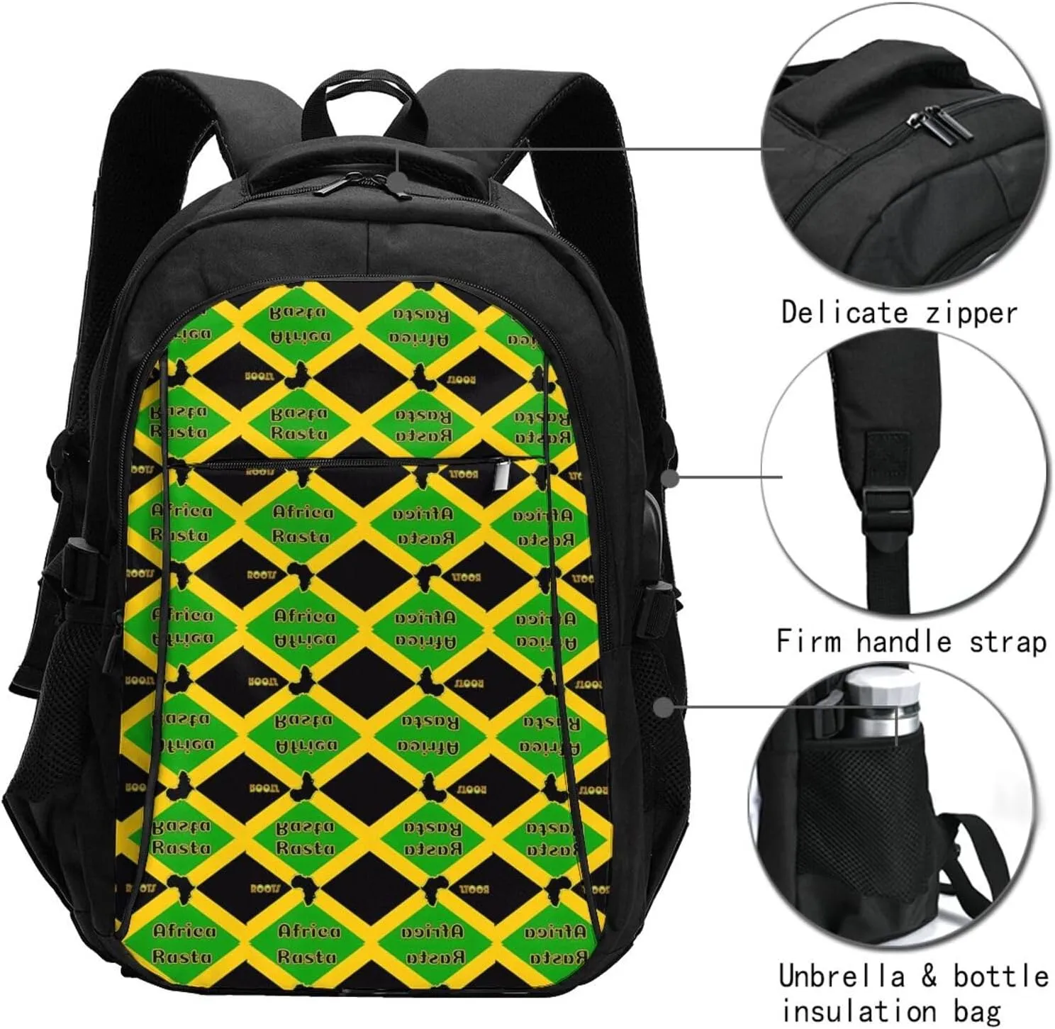 Great Jamaica National Day Africa Rasta Roots Casual Travel Backpacks Hiking Camping Backpack Large Outdoor Sport Daypack Laptop Rucksack Climbing Working Bags with USB Port