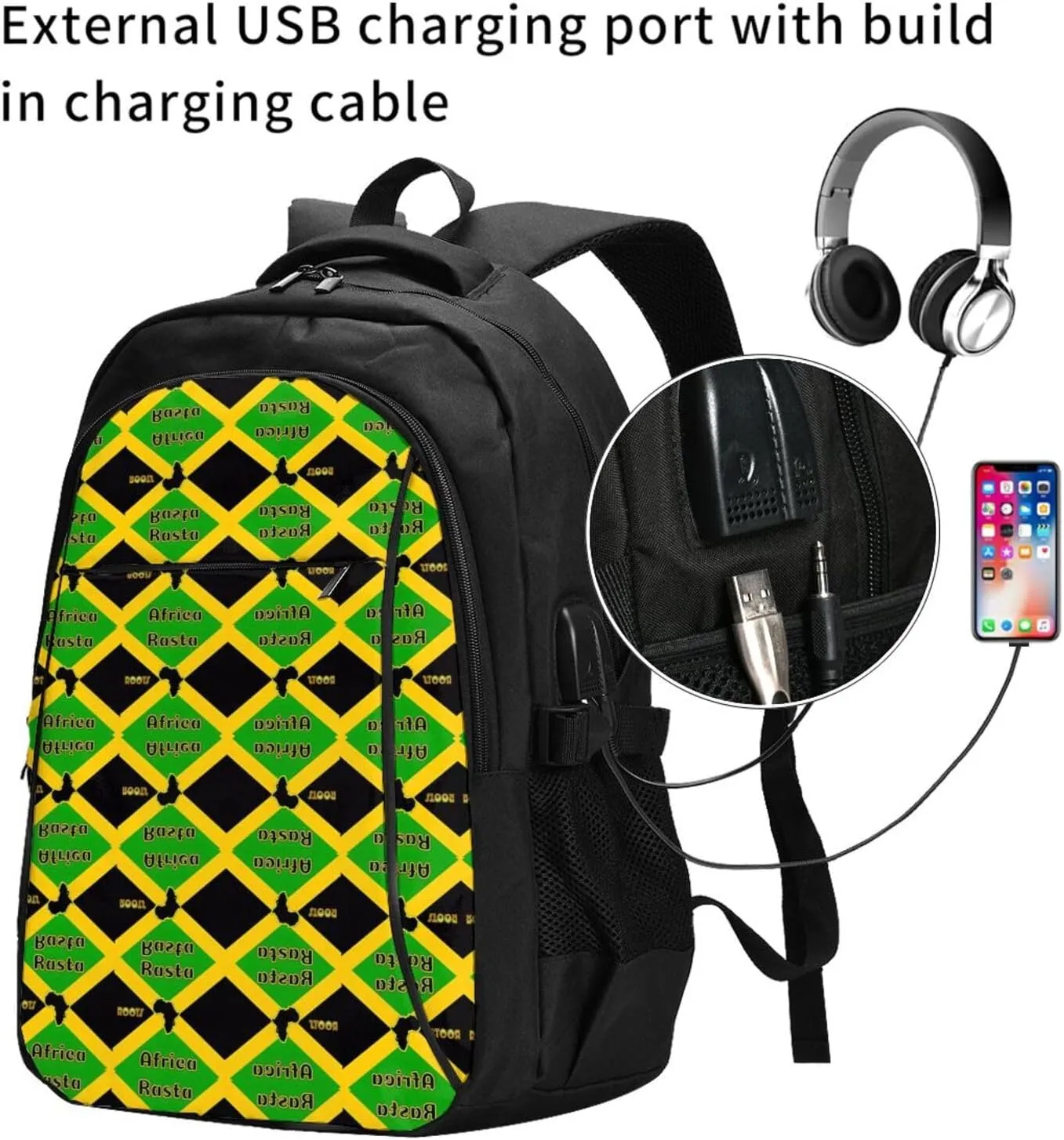 Great Jamaica National Day Africa Rasta Roots Casual Travel Backpacks Hiking Camping Backpack Large Outdoor Sport Daypack Laptop Rucksack Climbing Working Bags with USB Port