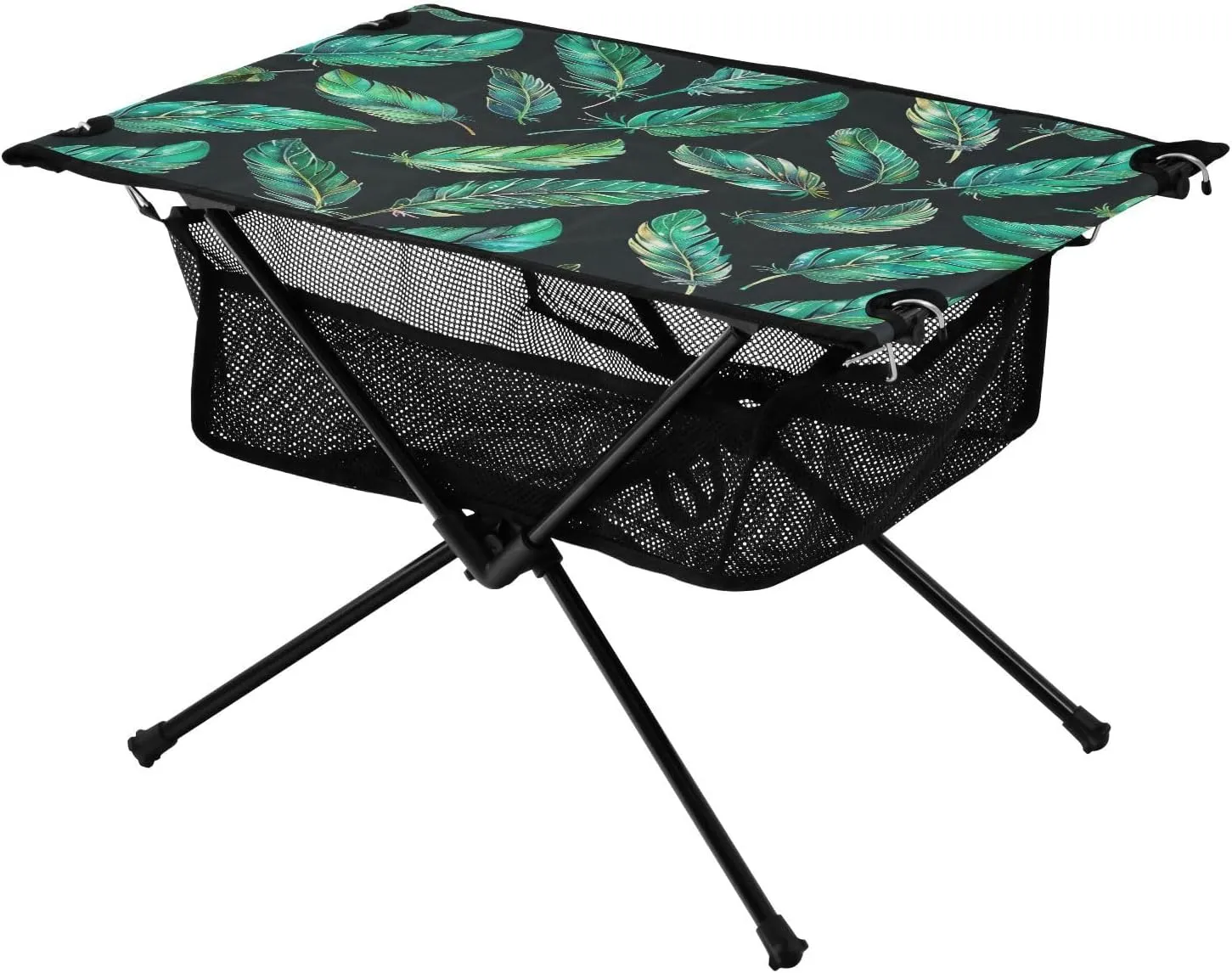 Green Feathers Pattern Portable Folding Camping Table, Compact Lightweight Beach Table with Carrying Bag for Outdoor Picnics, BBQs, Camp