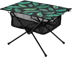 Green Feathers Pattern Portable Folding Camping Table, Compact Lightweight Beach Table with Carrying Bag for Outdoor Picnics, BBQs, Camp