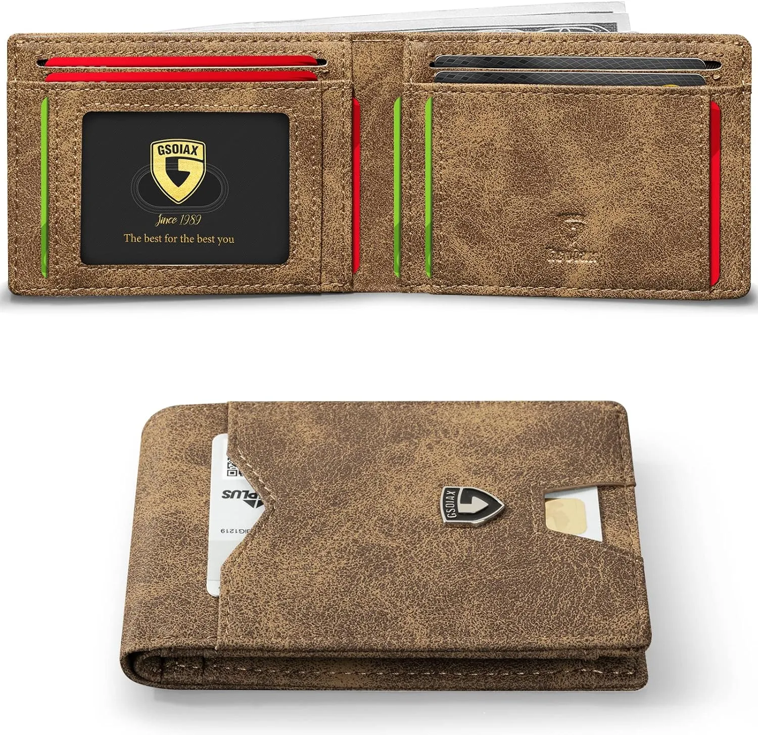 GSOIAX Mens Slim Wallet for Men Minimalist Genuine Leather Carbon Fiber Rfid Blocking Bifold Credit Card Holder With Gift Box (Retro Brown)