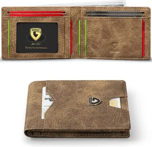 GSOIAX Mens Slim Wallet for Men Minimalist Genuine Leather Carbon Fiber Rfid Blocking Bifold Credit Card Holder With Gift Box (Retro Brown)