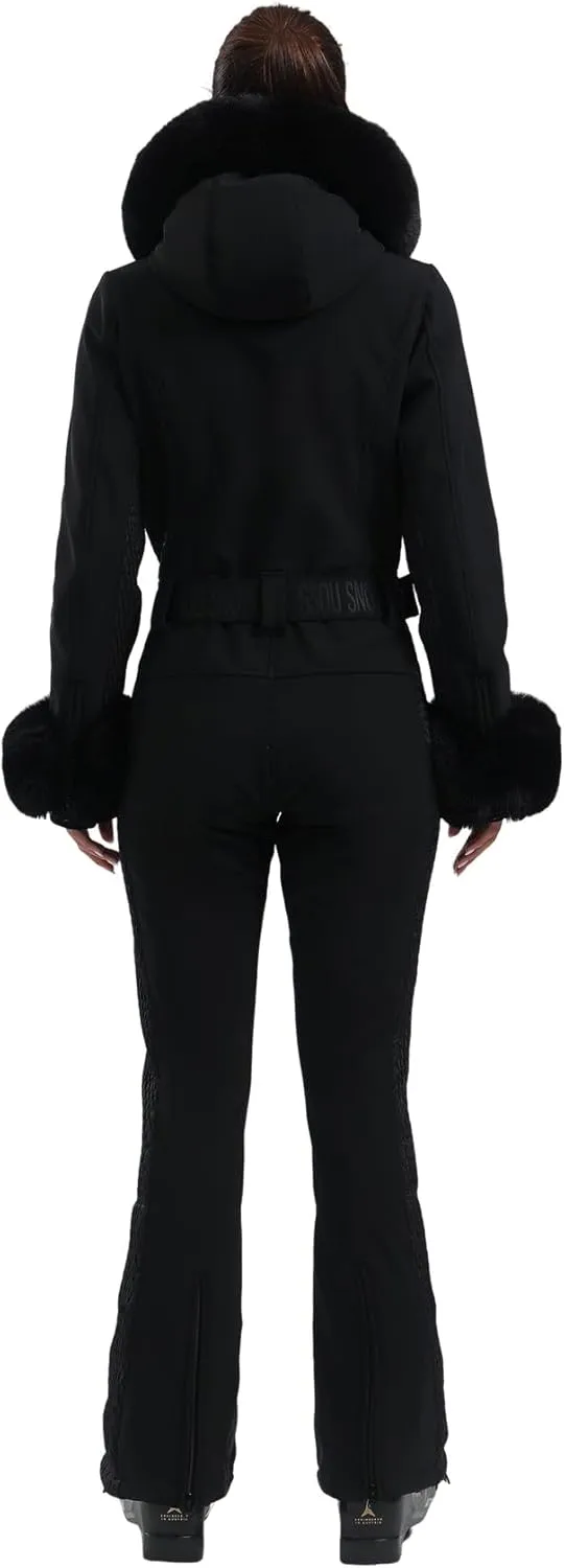 GSOU SNOW Ski Suit Womens One Piece Snowsuit Snowboard Jacket Slim Snow Jumpsuit Faux Fur Ski Outfit Waterproof Windproof