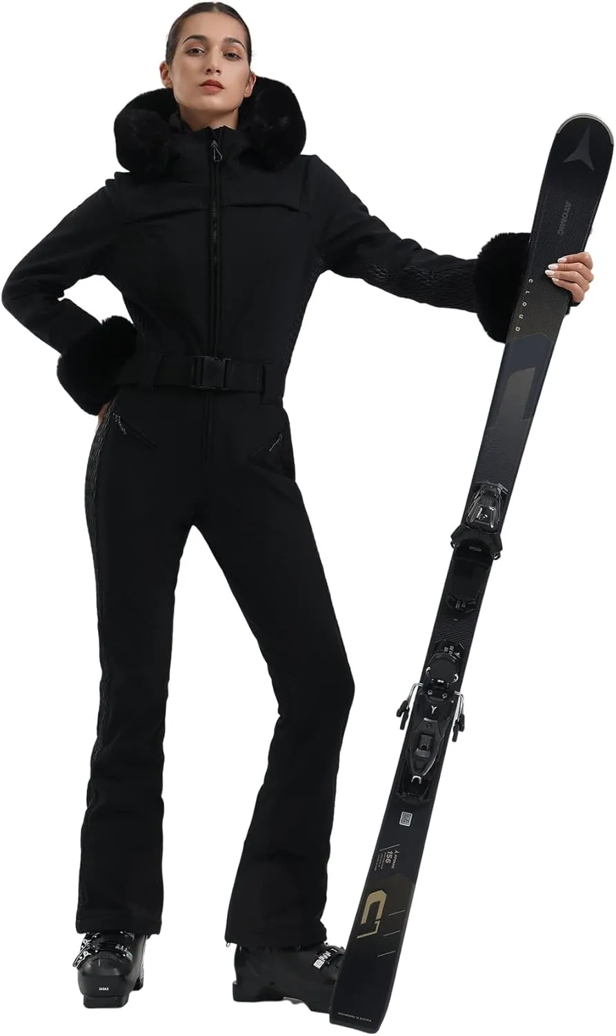 GSOU SNOW Ski Suit Womens One Piece Snowsuit Snowboard Jacket Slim Snow Jumpsuit Faux Fur Ski Outfit Waterproof Windproof