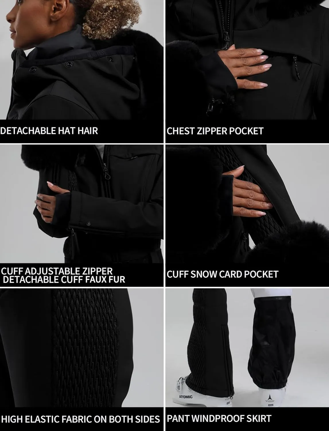GSOU SNOW Ski Suit Womens One Piece Snowsuit Snowboard Jacket Slim Snow Jumpsuit Faux Fur Ski Outfit Waterproof Windproof