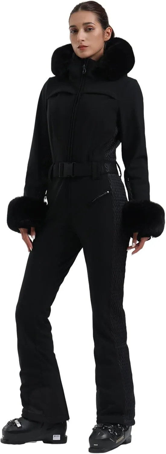 GSOU SNOW Ski Suit Womens One Piece Snowsuit Snowboard Jacket Slim Snow Jumpsuit Faux Fur Ski Outfit Waterproof Windproof