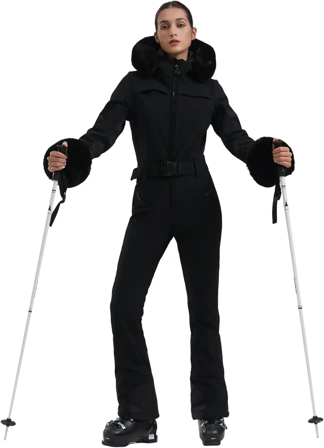 GSOU SNOW Ski Suit Womens One Piece Snowsuit Snowboard Jacket Slim Snow Jumpsuit Faux Fur Ski Outfit Waterproof Windproof