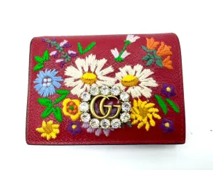 Gucci Embroidered Flowers Short Wallet Red