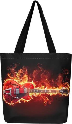 Guitar Canvas Tote Bag for Women,Music Stringed Instruments Large Capacity Gym Bag Flaming Grocery Shoulder Bag