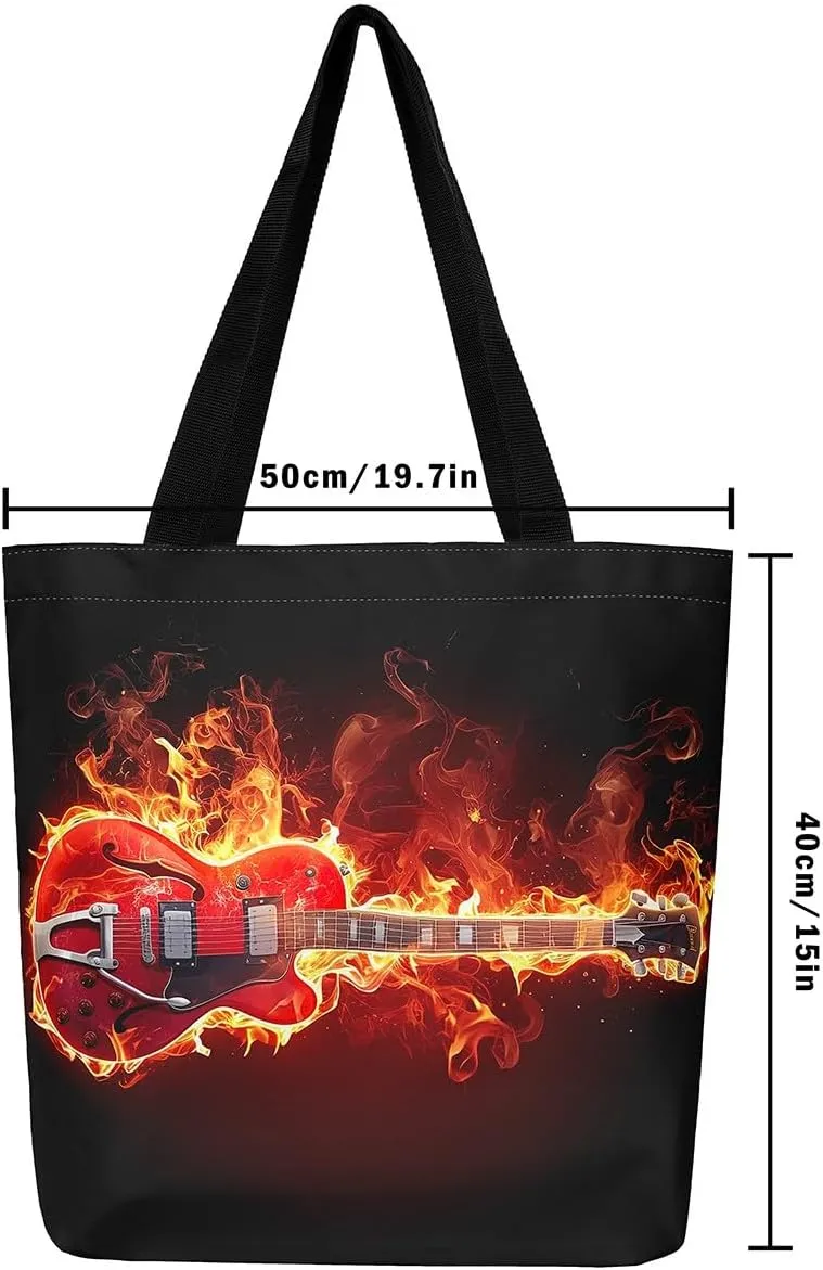 Guitar Canvas Tote Bag for Women,Music Stringed Instruments Large Capacity Gym Bag Flaming Grocery Shoulder Bag