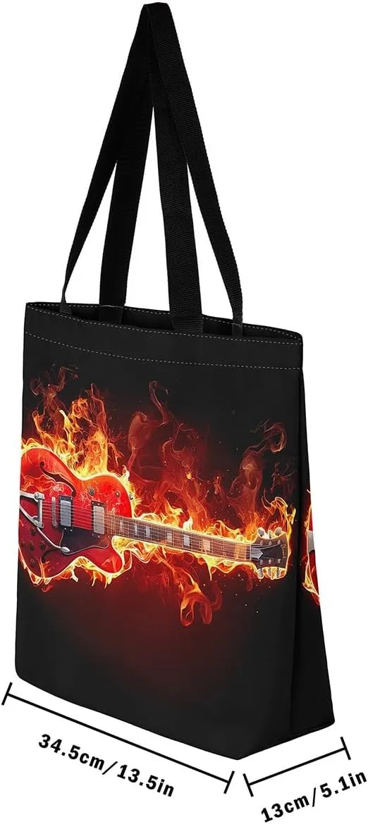 Guitar Canvas Tote Bag for Women,Music Stringed Instruments Large Capacity Gym Bag Flaming Grocery Shoulder Bag
