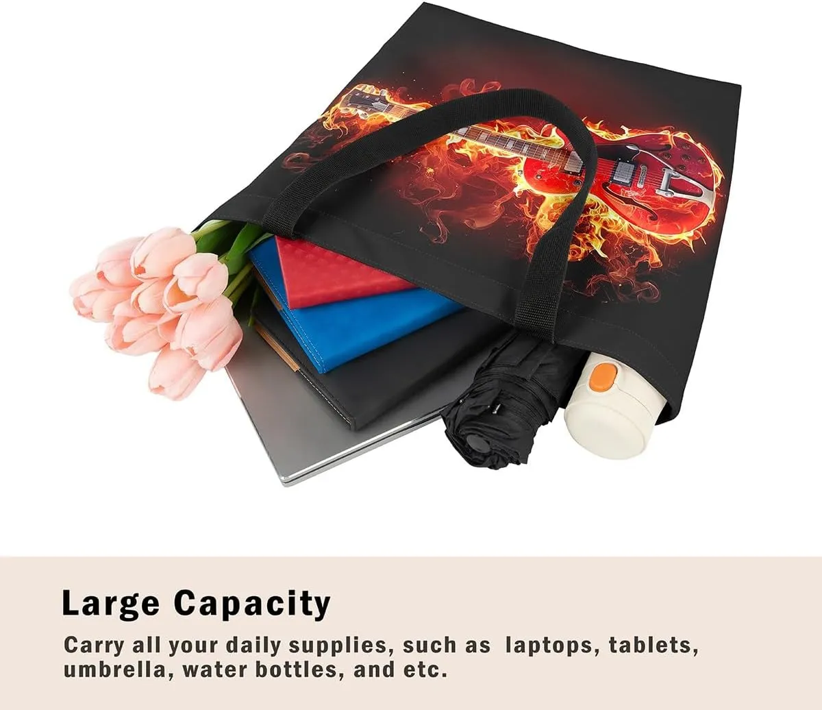 Guitar Canvas Tote Bag for Women,Music Stringed Instruments Large Capacity Gym Bag Flaming Grocery Shoulder Bag