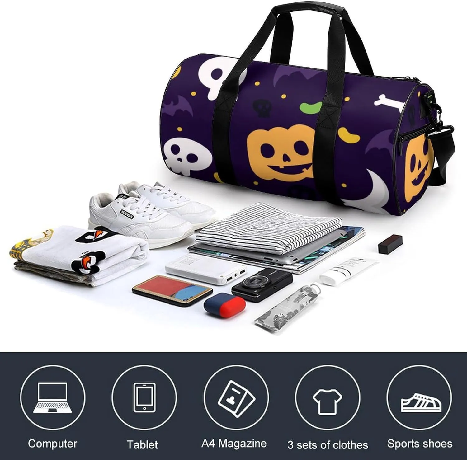 Gym Bag for Men Women Lightweight Sports Duffle Bag with Multiple Compartments Cylindrical Gym Bag for Fitness Travel And Outdoor Activities Ater Resistant Yoga Bag Training Bag Halloween