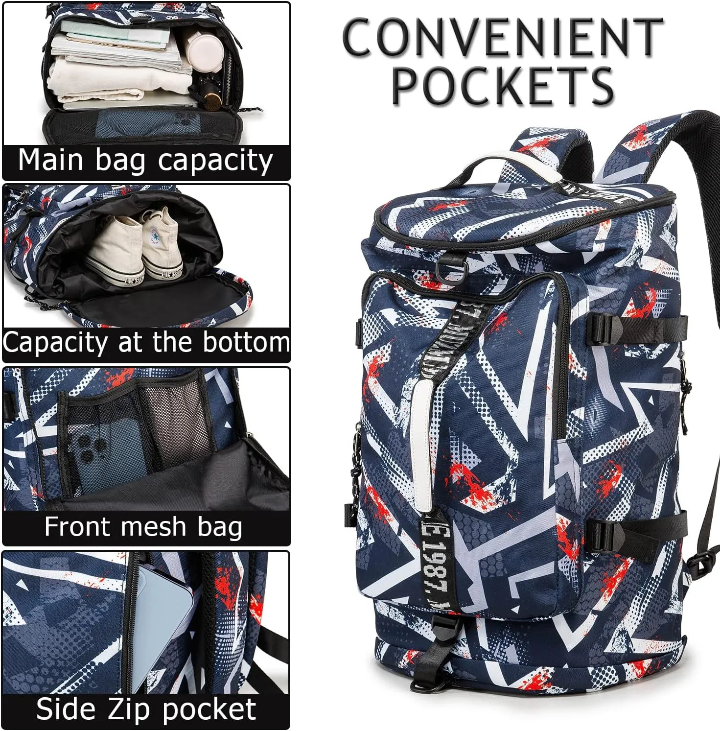 Gym Duffle Bag Waterproof black Laptop Backpack Suitable for Hiking, Fishing, Travel 40L Large Capacity Trendy Cool Lightweight Backpack for Men and Women