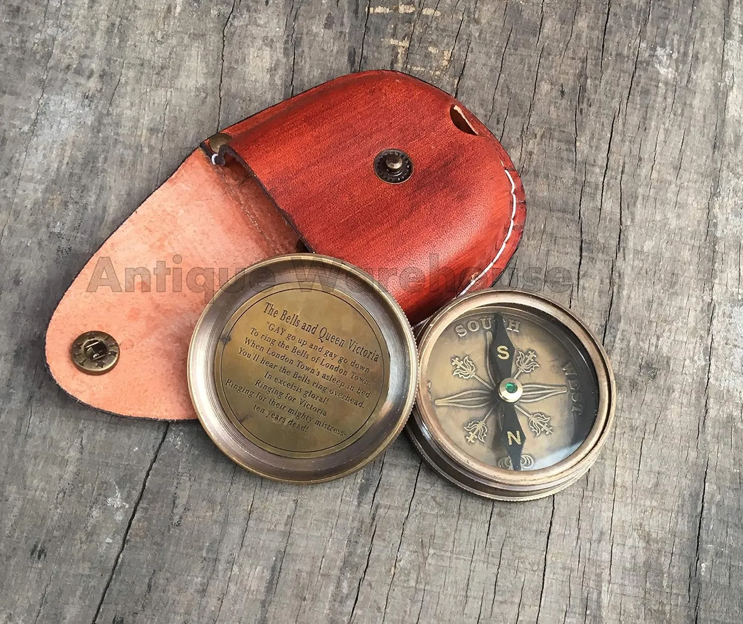 Handmade Antique Brass Working Compass with Leather Case Vintage Marine Lover Camping Pocket Compass Gift