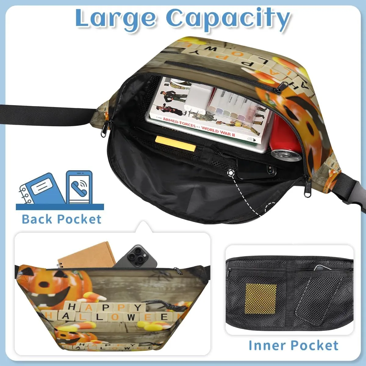 Happy Halloween Pumpkin Crossbody Sling Bag for Women Men Crossbody Backpack with 4 Zipper Pockets Fanny Pack Shoulder Casual Daypack for Travel Running Hiking Cycling