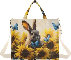 Hare Sunflower Cute Corduroy Tote Bag for Women Large Shoulder Bag with Pockets for Beach Work Travel Shopping S