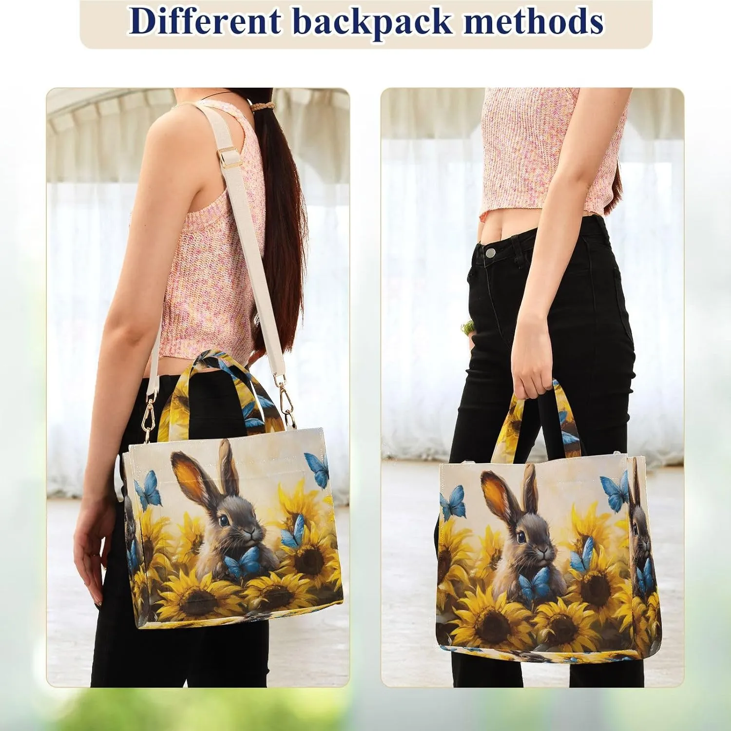 Hare Sunflower Cute Corduroy Tote Bag for Women Large Shoulder Bag with Pockets for Beach Work Travel Shopping S