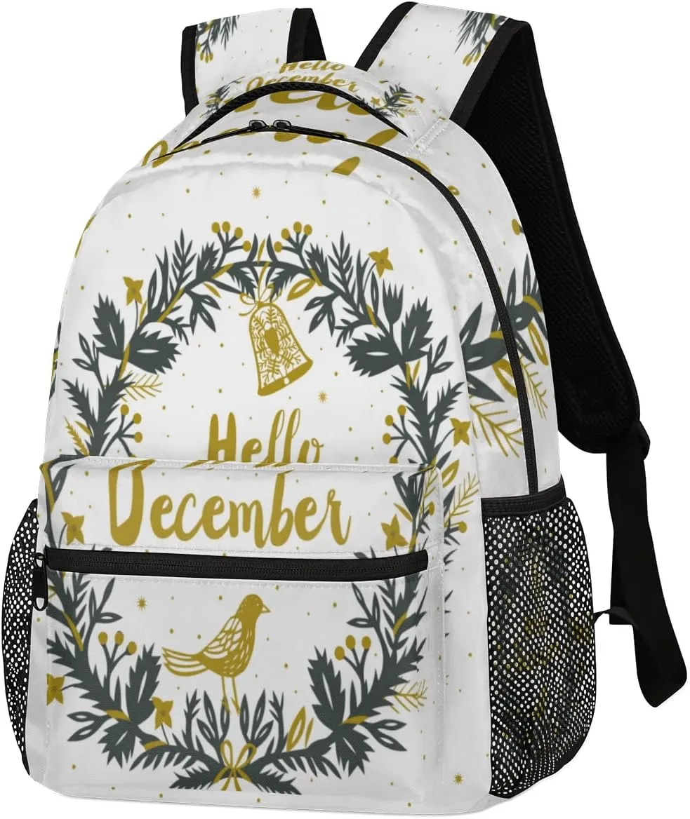 Hello December Backpack, Wreath Garland Backpacks Shoulder Bag Casual Travel Laptop Daypack Bags