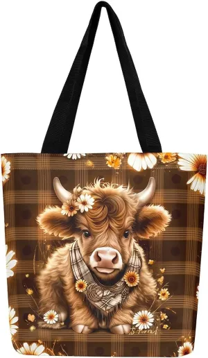 Highland Cow Canvas Tote Bag for Women,Cowboy Farm Animals Foldable Handbag
