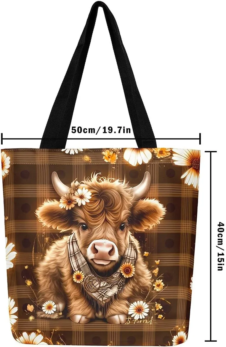 Highland Cow Canvas Tote Bag for Women,Cowboy Farm Animals Foldable Handbag