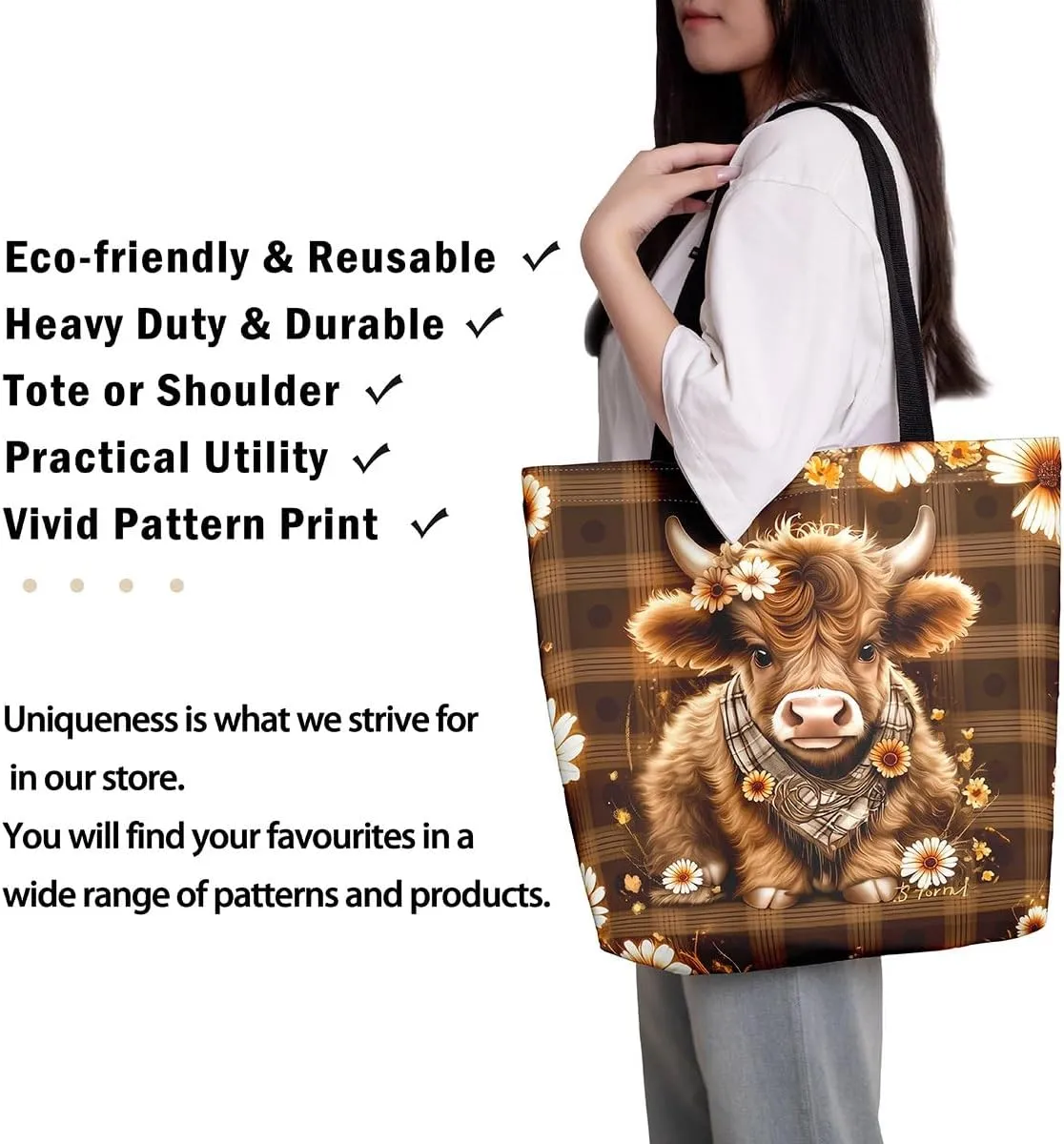 Highland Cow Canvas Tote Bag for Women,Cowboy Farm Animals Foldable Handbag