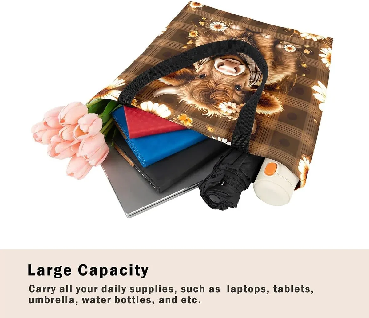 Highland Cow Canvas Tote Bag for Women,Cowboy Farm Animals Foldable Handbag