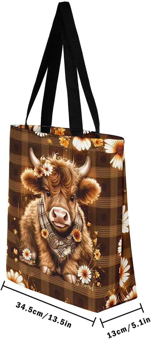 Highland Cow Canvas Tote Bag for Women,Cowboy Farm Animals Foldable Handbag