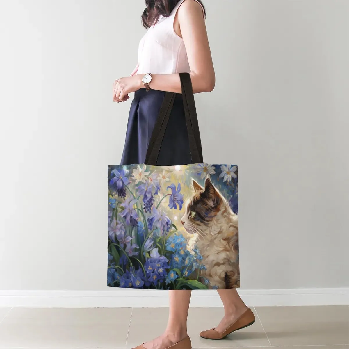 Highland Yak Cow Flowers Beige Canvas Tote Bag for Women Men Stylish Tote Handbag Shoulder Bag Reusable Grocery Bag