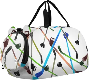 Hockey Sticks White Sports Duffle Bag for Girls Boys, Gym Bag with Shoe Compartment, Kids Travel Overnight Weekender Shoulder Bag