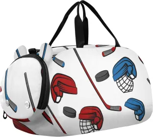 Hockey with Sticks Pucks and Helmets Sports Duffle Bag for Girls Boys, Gym Bag with Shoe Compartment, Kids Travel Overnight Weekender Shoulder Bag