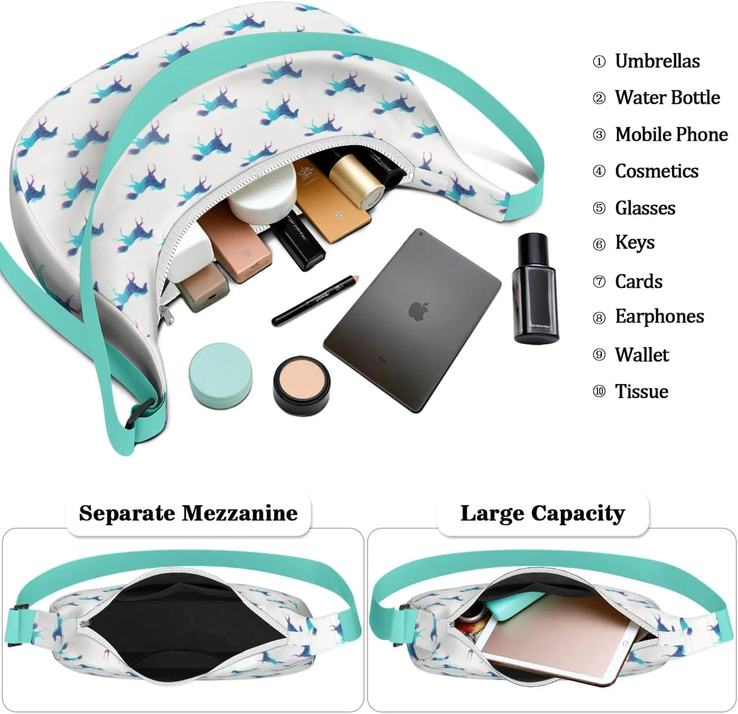 Horse Sling Crossbody Bag for Women Crescent Bag with Adjustable Strap Waterproof Nylon Pony Floral Shoulder Bag for Daily