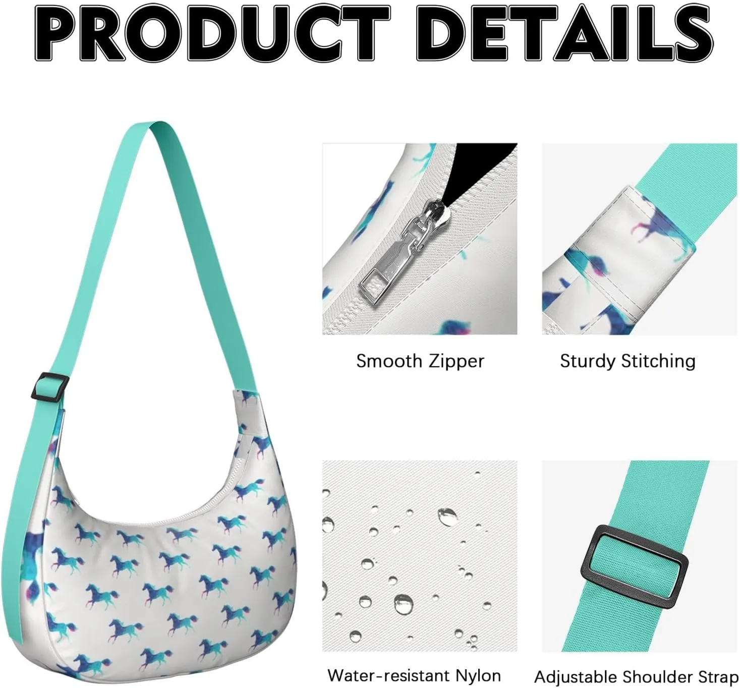 Horse Sling Crossbody Bag for Women Crescent Bag with Adjustable Strap Waterproof Nylon Pony Floral Shoulder Bag for Daily