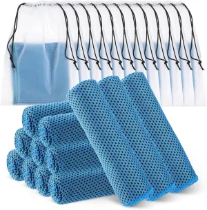 Hosuly 12 Pcs Cooling Towels for Face and Neck 12 x 40 Inch Workout Towels for Gym Fast Drying Hot Weather Sweat Rag Cold Cooling Cloth with 12 Bags Athletes Sport Yoga Golf(Light Blue)