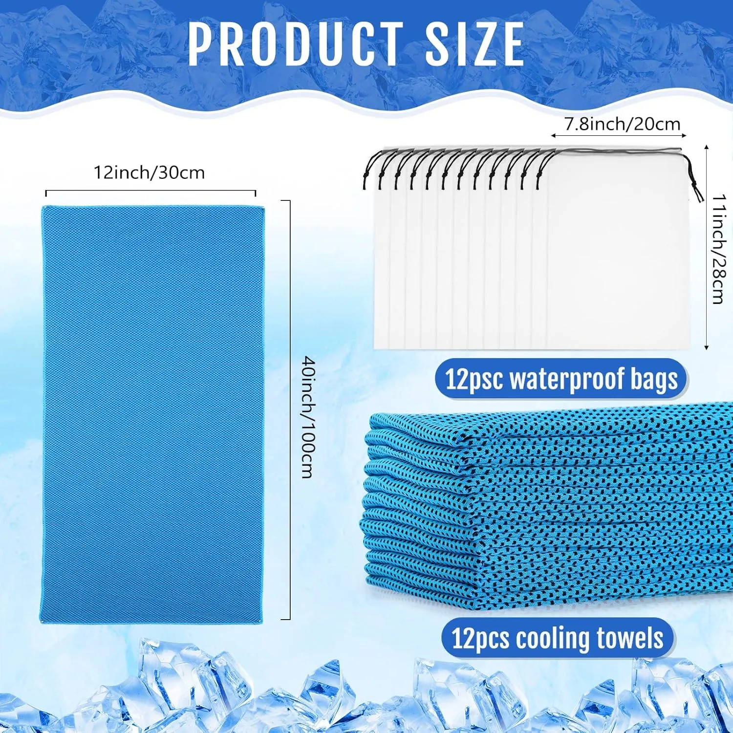 Hosuly 12 Pcs Cooling Towels for Face and Neck 12 x 40 Inch Workout Towels for Gym Fast Drying Hot Weather Sweat Rag Cold Cooling Cloth with 12 Bags Athletes Sport Yoga Golf(Light Blue)
