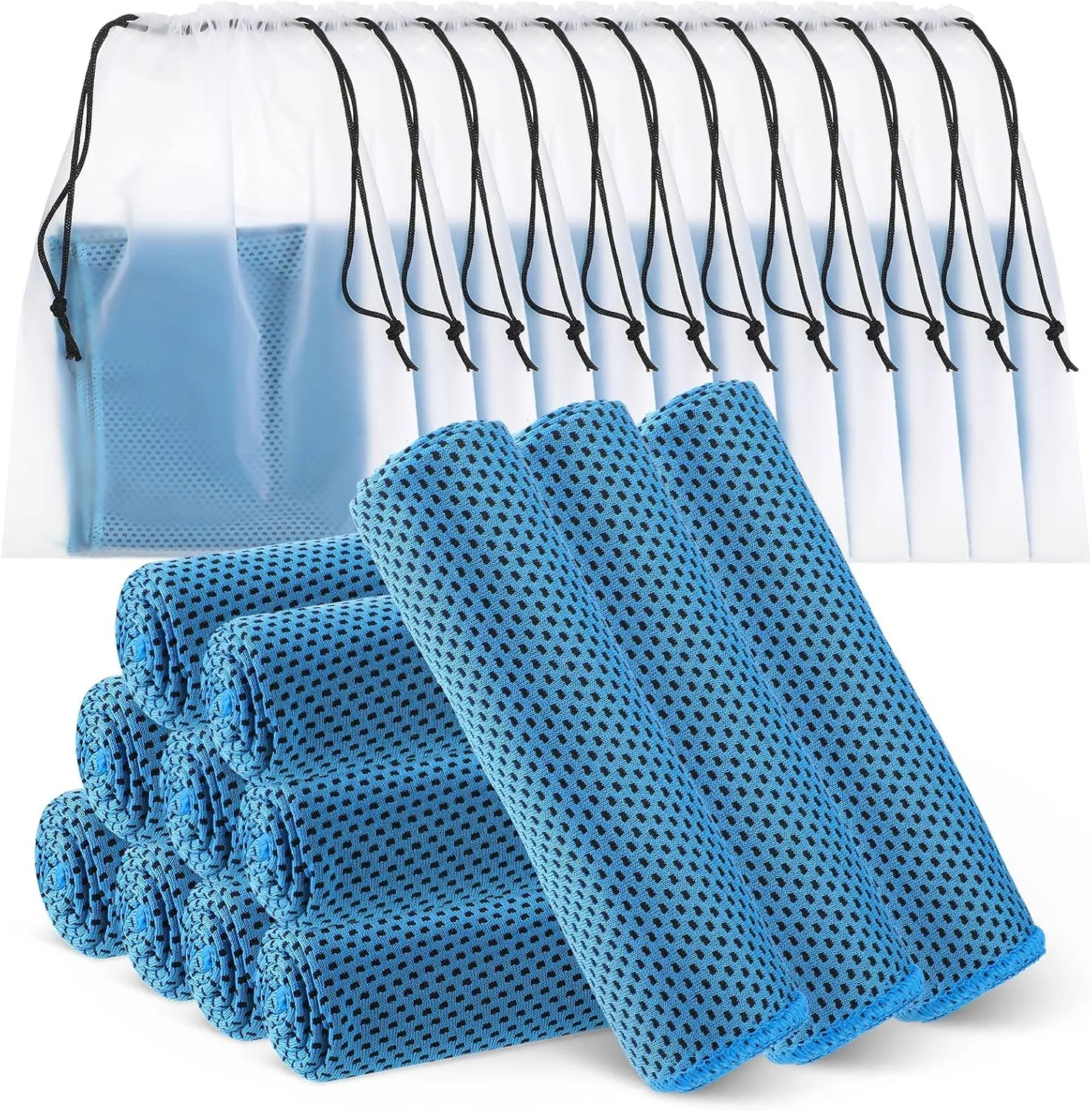 Hosuly 12 Pcs Cooling Towels for Face and Neck 12 x 40 Inch Workout Towels for Gym Fast Drying Hot Weather Sweat Rag Cold Cooling Cloth with 12 Bags Athletes Sport Yoga Golf(Light Blue)