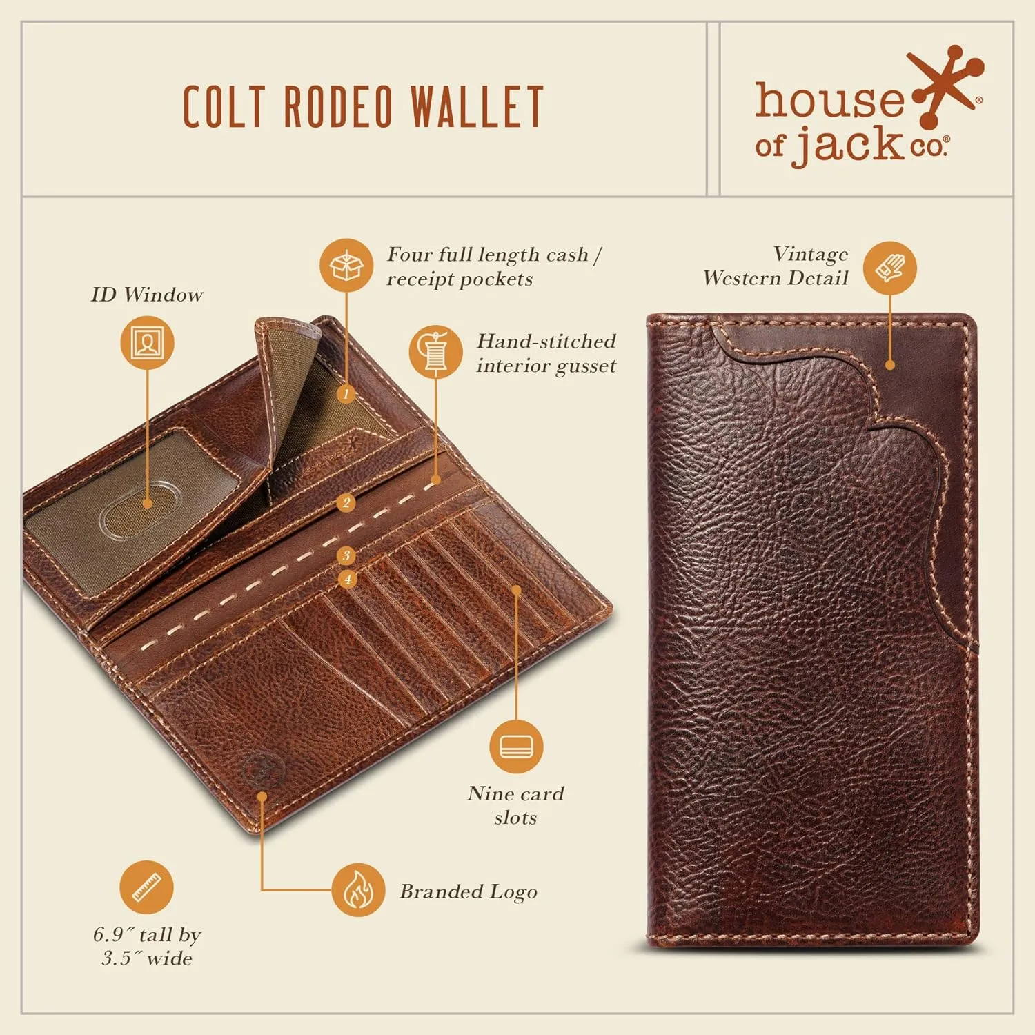 House of Jack Co. Colt Long Bifold Wallet for Men and Outdoorsmen, Full Grain Cowhide Leather Rodeo Wallet, Brown