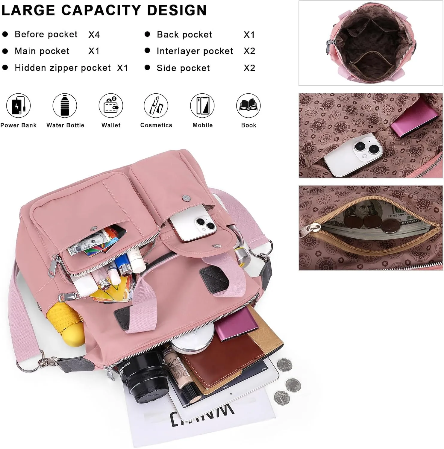 HUA ANGEL Women's Top-handle Handbags Nylon Crossbody Bag Multi Pocket Purses Women for Travel Work Sport Shopping Everyday