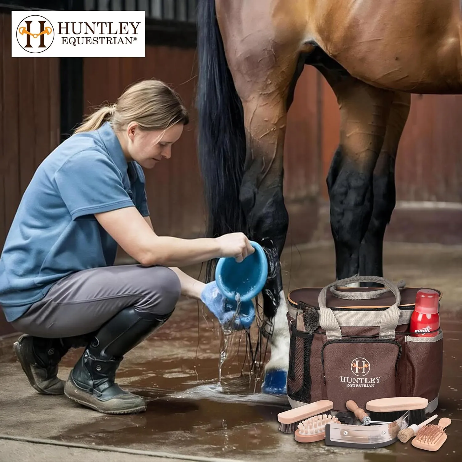 Huntley Equestrian Deluxe Grooming Bag Perfectly Designed Easy Access Multi Pocket Zipper Top Closure Double Handles Shoulder Strap Exterior Pockets
