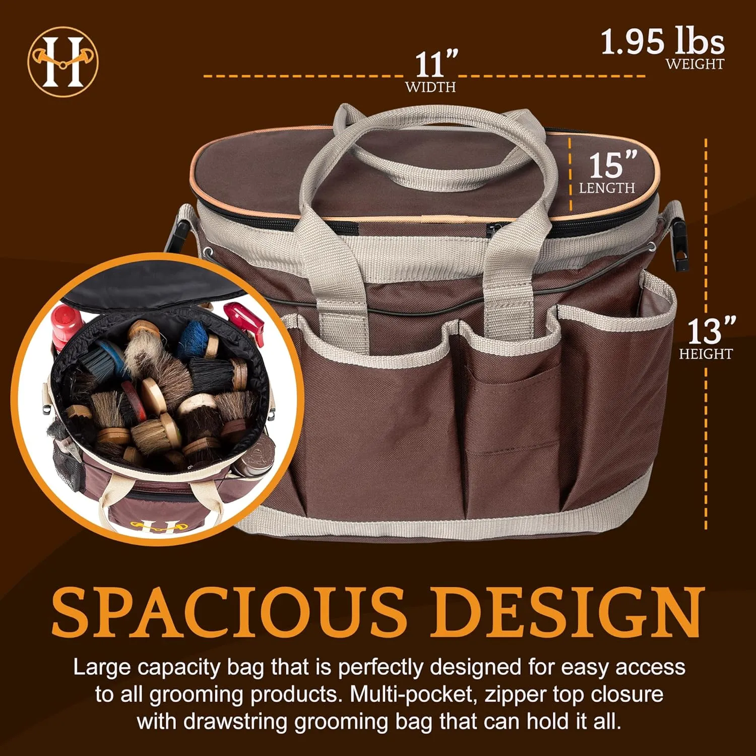 Huntley Equestrian Deluxe Grooming Bag Perfectly Designed Easy Access Multi Pocket Zipper Top Closure Double Handles Shoulder Strap Exterior Pockets